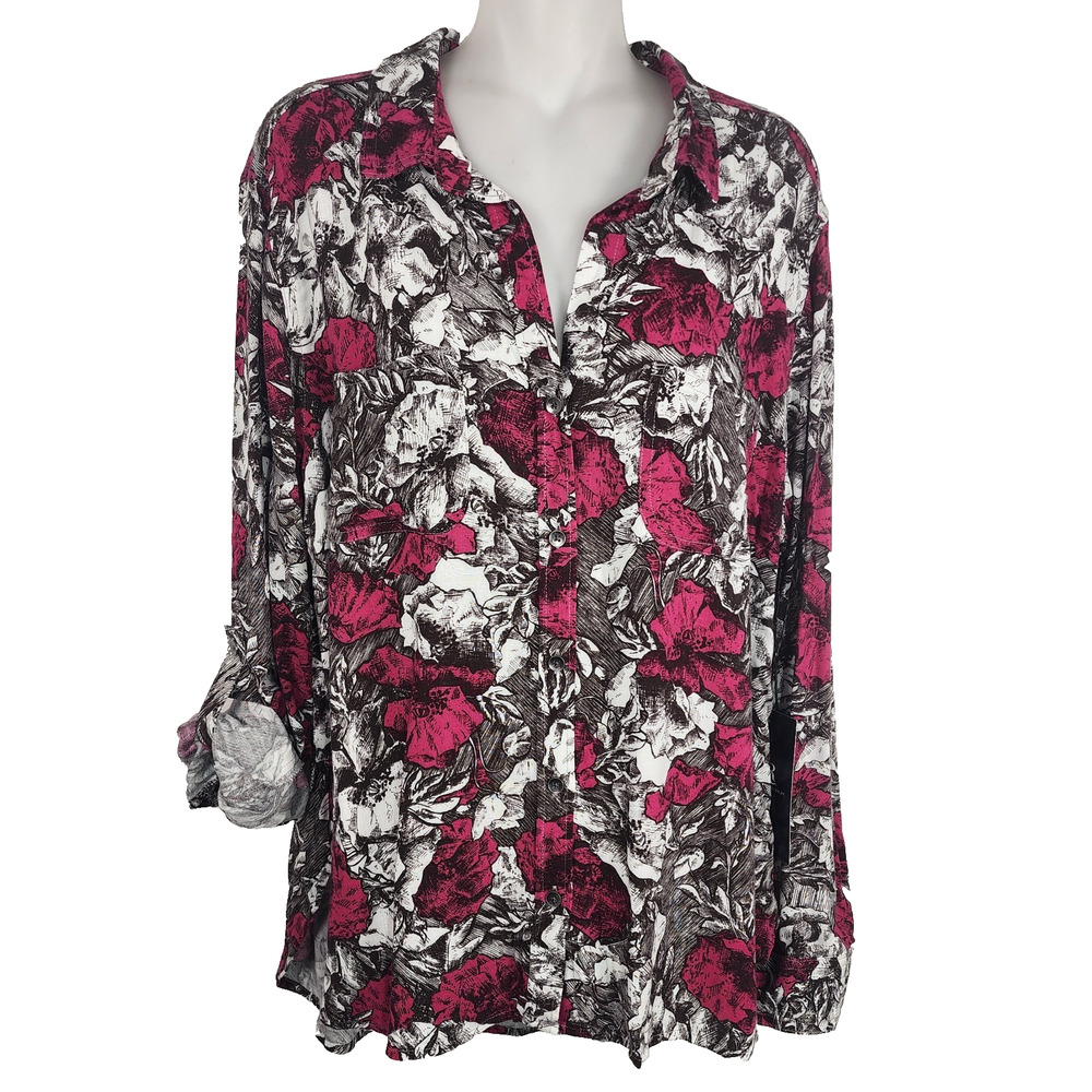 Rock & Republic Womens Button Front Floral Tunic Top L Pink Roll Tab Sleeve